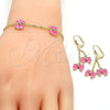 Oro Laminado Earring and Pendant Children Set, Gold Filled Style Butterfly Design, with White Crystal, Pink Enamel Finish, Golden Finish, 06.60.0004.1