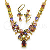 Oro Laminado Necklace and Earring, Gold Filled Style Flower and Teardrop Design, with Multicolor Cubic Zirconia, Polished, Golden Finish, 06.221.0008.1