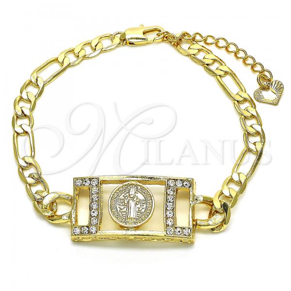 Oro Laminado Fancy Bracelet, Gold Filled Style San Benito Design, with White Crystal, Polished, Golden Finish, 03.351.0042.07