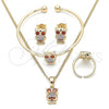 Oro Laminado Earring and Pendant Children Set, Gold Filled Style Owl Design, with Multicolor Cubic Zirconia, Polished, Golden Finish, 06.210.0013