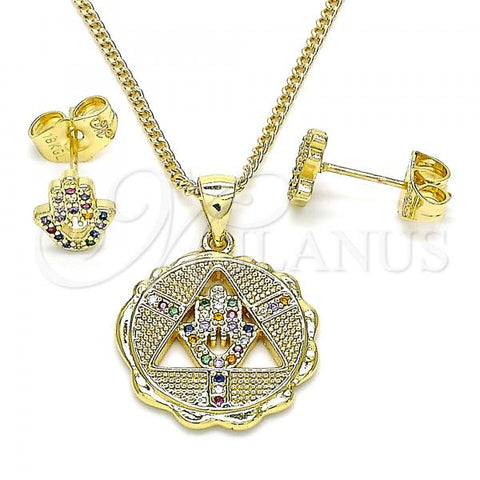 Oro Laminado Earring and Pendant Adult Set, Gold Filled Style Hand of God Design, with Multicolor Micro Pave, Polished, Golden Finish, 10.156.0396.1