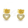 Oro Laminado Stud Earring, Gold Filled Style Heart Design, with White Micro Pave, Polished, Golden Finish, 02.156.0623