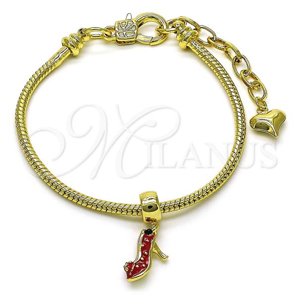 Oro Laminado Charm Bracelet, Gold Filled Style Shoes and Heart Design, Red Enamel Finish, Golden Finish, 03.341.2283.07