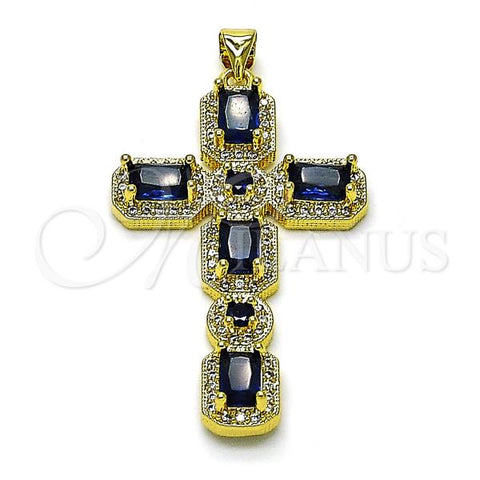 Oro Laminado Fancy Pendant, Gold Filled Style Cross Design, with Sapphire Blue Cubic Zirconia and White Micro Pave, Polished, Golden Finish, 05.341.0101.3