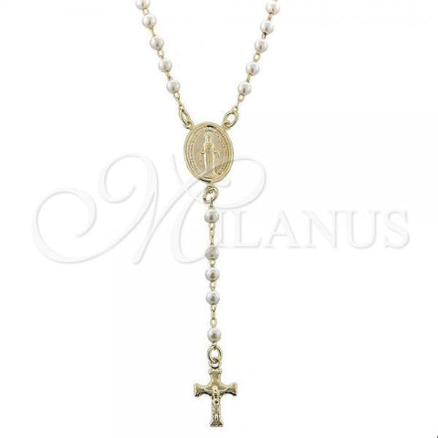 Oro Laminado Thin Rosary, Gold Filled Style Cross and Virgen Maria Design, with Ivory Pearl, Polished, Golden Finish, 5.212.009.18