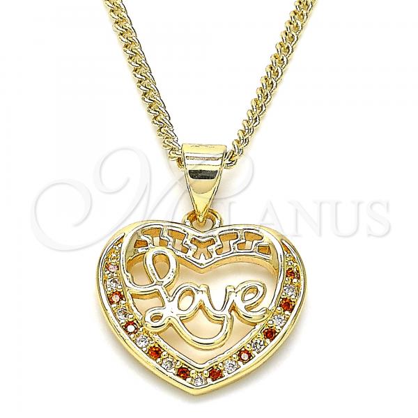 Oro Laminado Pendant Necklace, Gold Filled Style Heart and Love Design, with Garnet and White Micro Pave, Polished, Golden Finish, 04.156.0350.1.20