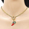 Oro Laminado Fancy Necklace, Gold Filled Style Seahorse and Chili Design, with White and Black Cubic Zirconia, Red Enamel Finish, Golden Finish, 04.341.0241.20