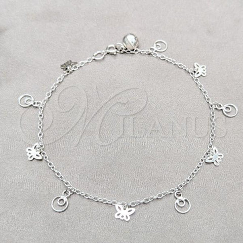 Sterling Silver Fancy Anklet, Butterfly Design, Polished, Silver Finish, 03.409.0091.10