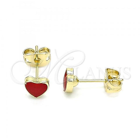 Oro Laminado Stud Earring, Gold Filled Style Heart Design, Red Enamel Finish, Golden Finish, 02.213.0292.1