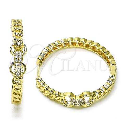 Oro Laminado Huggie Hoop, Gold Filled Style Belt Buckle and Miami Cuban Design, with White Micro Pave, Polished, Golden Finish, 02.204.0039.35