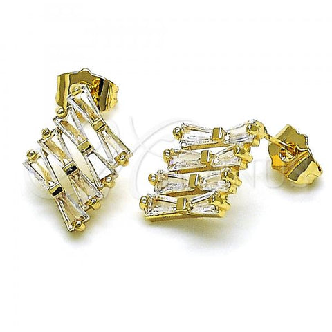 Oro Laminado Stud Earring, Gold Filled Style Baguette Design, with White Cubic Zirconia, Polished, Golden Finish, 02.283.0061
