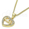 Oro Laminado Pendant Necklace, Gold Filled Style Heart and Love Design, with White Micro Pave, Polished, Golden Finish, 04.156.0345.20