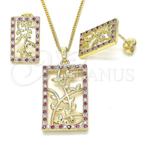 Oro Laminado Earring and Pendant Adult Set, Gold Filled Style Leaf Design, with Ruby and White Cubic Zirconia, Polished, Golden Finish, 10.233.0039.3