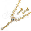 Oro Laminado Necklace and Earring, Gold Filled Style Flower and Leaf Design, with White Cubic Zirconia, Polished, Golden Finish, 06.205.0002