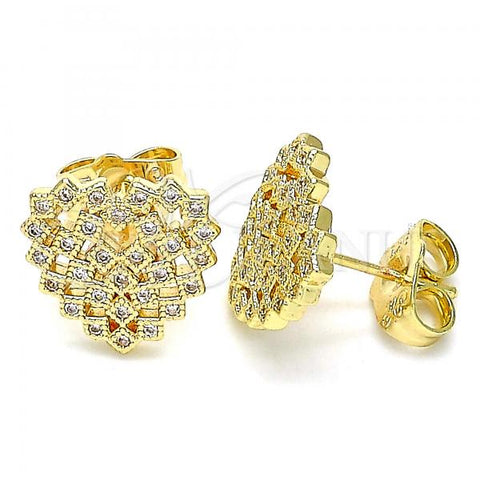 Oro Laminado Stud Earring, Gold Filled Style Heart Design, with White Micro Pave, Polished, Golden Finish, 02.156.0510