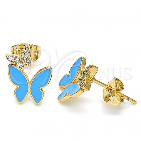 Oro Laminado Stud Earring, Gold Filled Style Butterfly Design, with White Micro Pave, Blue Enamel Finish, Golden Finish, 02.213.0178