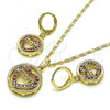 Oro Laminado Earring and Pendant Adult Set, Gold Filled Style Mom and Heart Design, with Garnet Cubic Zirconia, Polished, Golden Finish, 10.196.0065