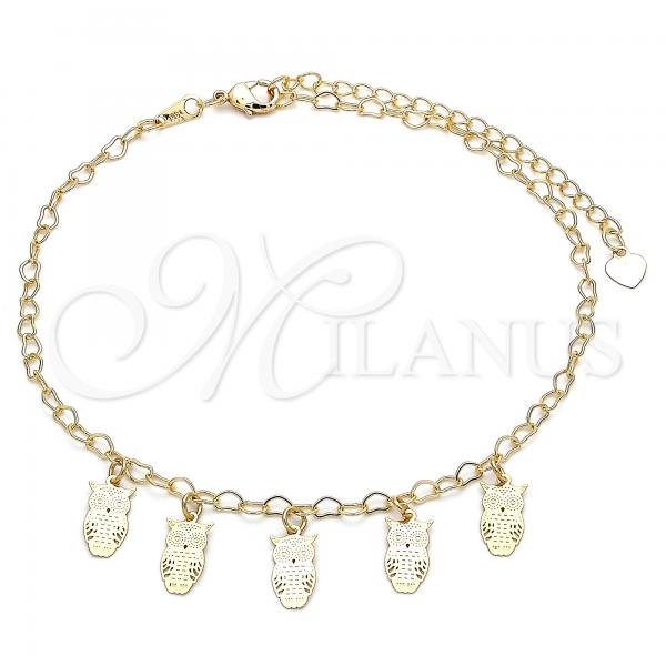 Oro Laminado Charm Anklet , Gold Filled Style Owl Design, Polished, Golden Finish, 03.63.2204.10