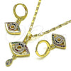 Oro Laminado Earring and Pendant Adult Set, Gold Filled Style Evil Eye and Teardrop Design, with Multicolor Micro Pave, Polished, Golden Finish, 10.196.0013