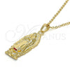 Oro Laminado Religious Pendant, Gold Filled Style Guadalupe Design, with Garnet Crystal, Polished, Golden Finish, 05.213.0035