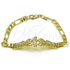 Oro Laminado Fancy Bracelet, Gold Filled Style San Judas and Figaro Design, with White Crystal, Polished, Golden Finish, 03.253.0080.07