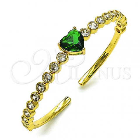 Oro Laminado Individual Bangle, Gold Filled Style Heart Design, with Green and White Cubic Zirconia, Polished, Golden Finish, 07.341.0040
