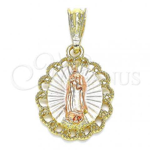 Oro Laminado Religious Pendant, Gold Filled Style Guadalupe Design, Polished, Tricolor, 05.380.0055