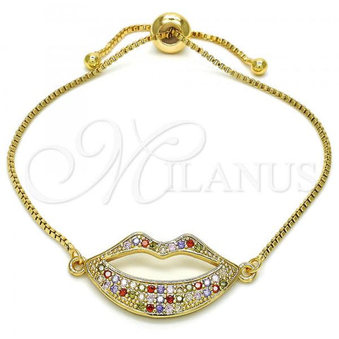 Oro Laminado Adjustable Bolo Bracelet, Gold Filled Style Lips Design, with Multicolor Cubic Zirconia, Polished, Golden Finish, 03.316.0027.10