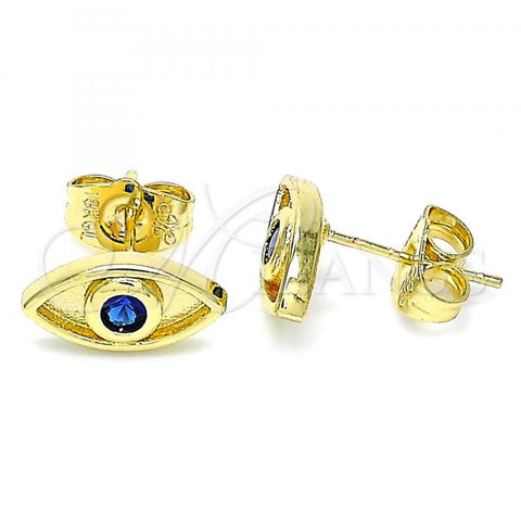 Oro Laminado Stud Earring, Gold Filled Style Evil Eye Design, with Sapphire Blue Micro Pave, Polished, Golden Finish, 02.156.0556