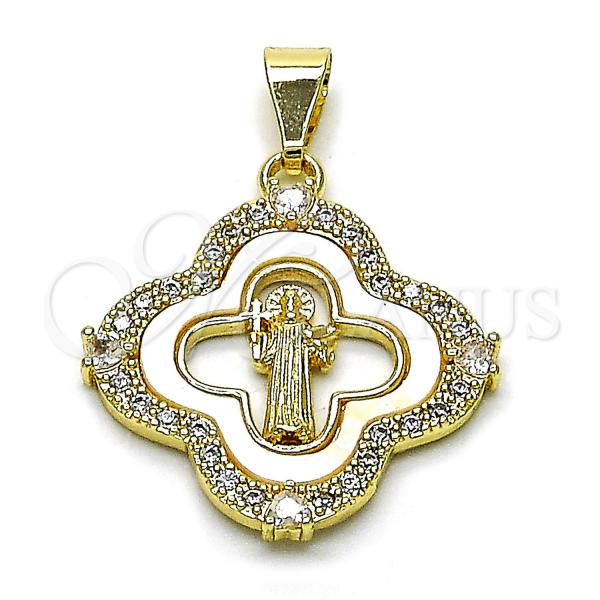 Oro Laminado Religious Pendant, Gold Filled Style Four-leaf Clover and San Benito Design, with Ivory Mother of Pearl and White Cubic Zirconia, Polished, Golden Finish, 05.253.0195