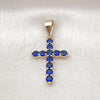 Oro Laminado Religious Pendant, Gold Filled Style Cross Design, with Sapphire Blue Cubic Zirconia, Polished, Golden Finish, 05.253.0183.1