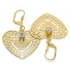 Oro Laminado Dangle Earring, Gold Filled Style Heart Design, with White Crystal, Diamond Cutting Finish, Golden Finish, 69.013