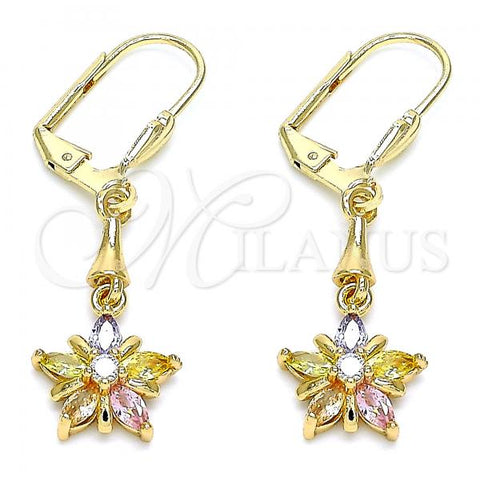 Oro Laminado Long Earring, Gold Filled Style Flower Design, with Multicolor Cubic Zirconia, Polished, Golden Finish, 02.213.0320.1