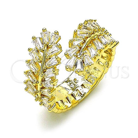 Oro Laminado Multi Stone Ring, Gold Filled Style Leaf and Baguette Design, with White Cubic Zirconia, Polished, Golden Finish, 01.283.0042
