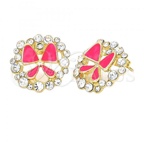 Oro Laminado Stud Earring, Gold Filled Style Bow Design, with White Crystal, Pink Enamel Finish, Golden Finish, 02.65.2175 *PROMO*