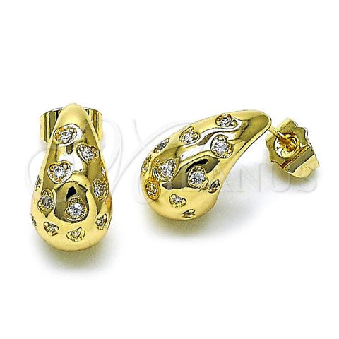 Oro Laminado Stud Earring, Gold Filled Style Teardrop and Heart Design, with White Cubic Zirconia, Polished, Golden Finish, 02.170.0476