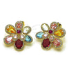 Oro Laminado Stud Earring, Gold Filled Style Flower and Teardrop Design, with Multicolor Cubic Zirconia and White Micro Pave, Polished, Golden Finish, 02.436.0010