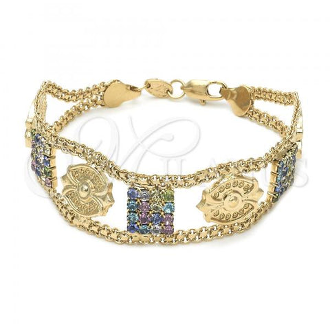 Oro Laminado Fancy Bracelet, Gold Filled Style with Multicolor Crystal, Golden Finish, 23.007