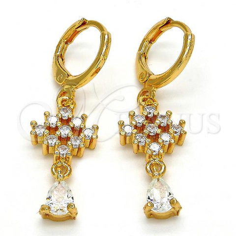 Oro Laminado Long Earring, Gold Filled Style Teardrop Design, with White Cubic Zirconia, Polished, Golden Finish, 02.206.0017