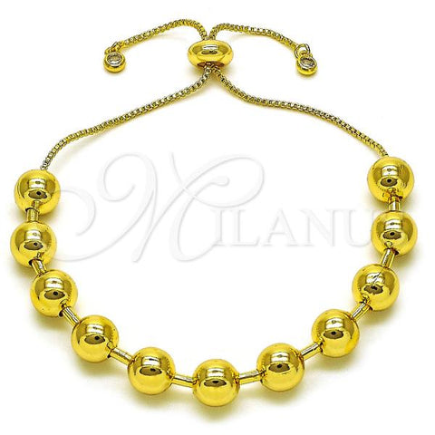 Oro Laminado Adjustable Bolo Bracelet, Gold Filled Style Ball and Box Design, with White Cubic Zirconia, Polished, Golden Finish, 03.417.0005.11