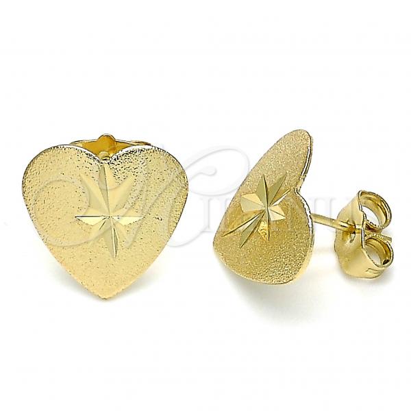 Oro Laminado Stud Earring, Gold Filled Style Heart Design, Diamond Cutting Finish, Golden Finish, 02.100.0125