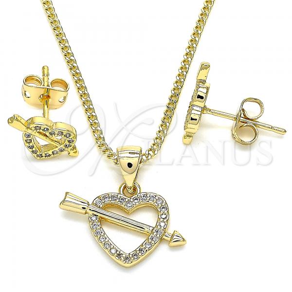 Oro Laminado Earring and Pendant Adult Set, Gold Filled Style Heart Design, with White Micro Pave, Polished, Golden Finish, 10.342.0044