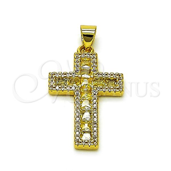 Oro Laminado Fancy Pendant, Gold Filled Style Cross Design, with Golden Cubic Zirconia and White Micro Pave, Polished, Golden Finish, 05.341.0103