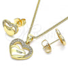 Oro Laminado Earring and Pendant Adult Set, Gold Filled Style Heart Design, with White Micro Pave, Polished, Golden Finish, 10.156.0279