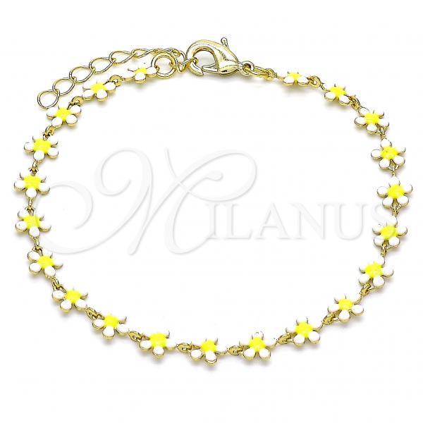 Oro Laminado Fancy Bracelet, Gold Filled Style Flower Design, White Enamel Finish, Golden Finish, 03.386.0008.07