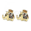 Oro Laminado Stud Earring, Gold Filled Style Elephant and Crown Design, with Multicolor Micro Pave, Polished, Golden Finish, 02.185.0009.3