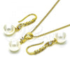 Oro Laminado Earring and Pendant Adult Set, Gold Filled Style Ball Design, with Ivory Pearl and White Micro Pave, Polished, Golden Finish, 10.387.0014