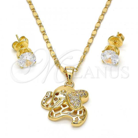 Oro Laminado Earring and Pendant Adult Set, Gold Filled Style Elephant Design, with White Micro Pave, Polished, Golden Finish, 10.233.0026