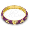 Oro Laminado Individual Bangle, Gold Filled Style Elephant and Flower Design, Purple Enamel Finish, Golden Finish, 07.246.0010.4.05 (10 MM Thickness, Size 5 - 2.50 Diameter)