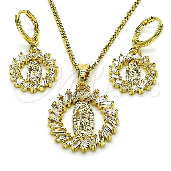 Oro Laminado Earring and Pendant Adult Set, Gold Filled Style Guadalupe and Baguette Design, with White Cubic Zirconia, Polished, Golden Finish, 10.316.0073